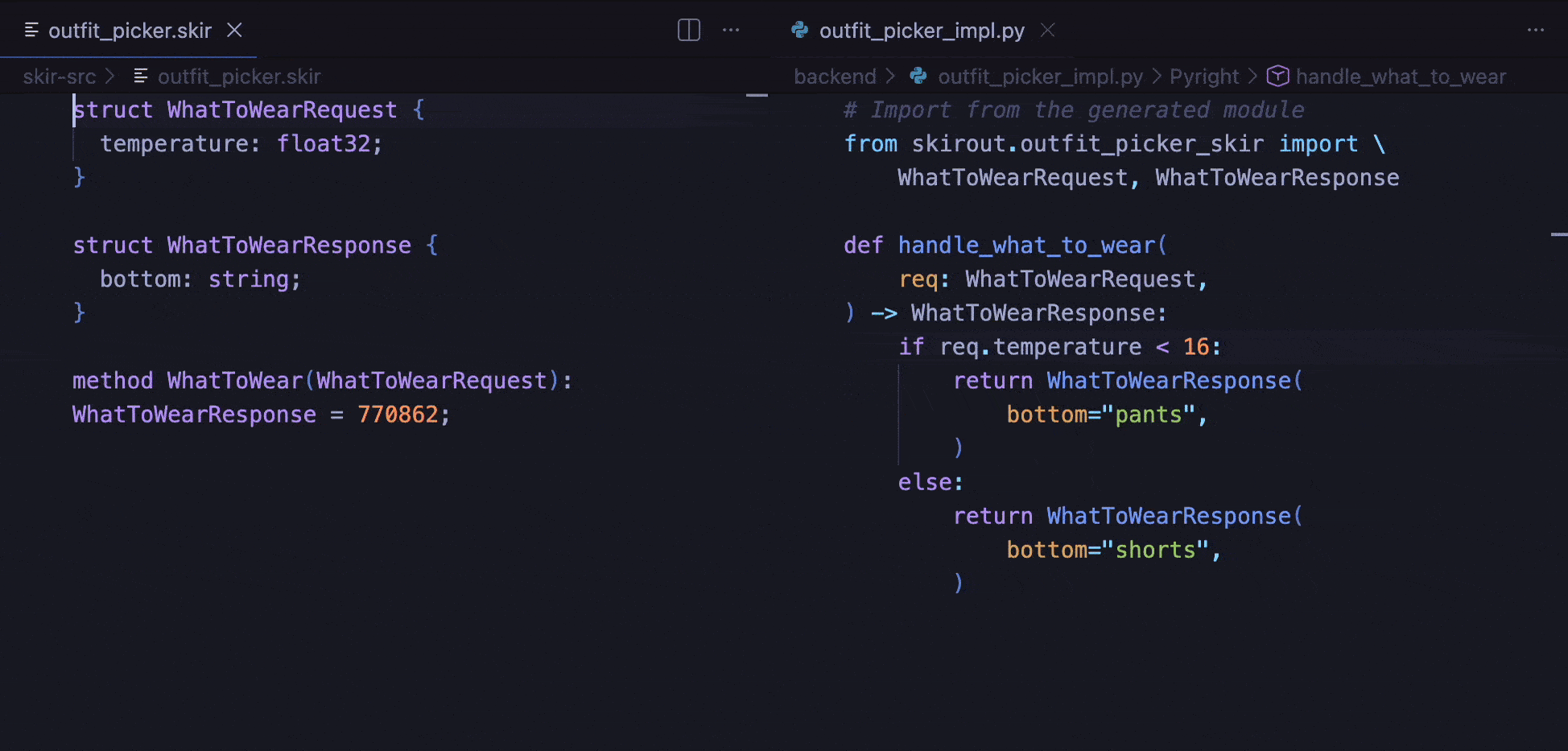 Skir Quick Example showing VS Code editing and code generation